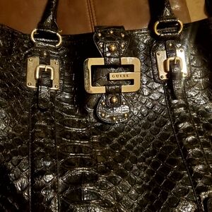 GUESS Black Croc-Embossed Tote Bag